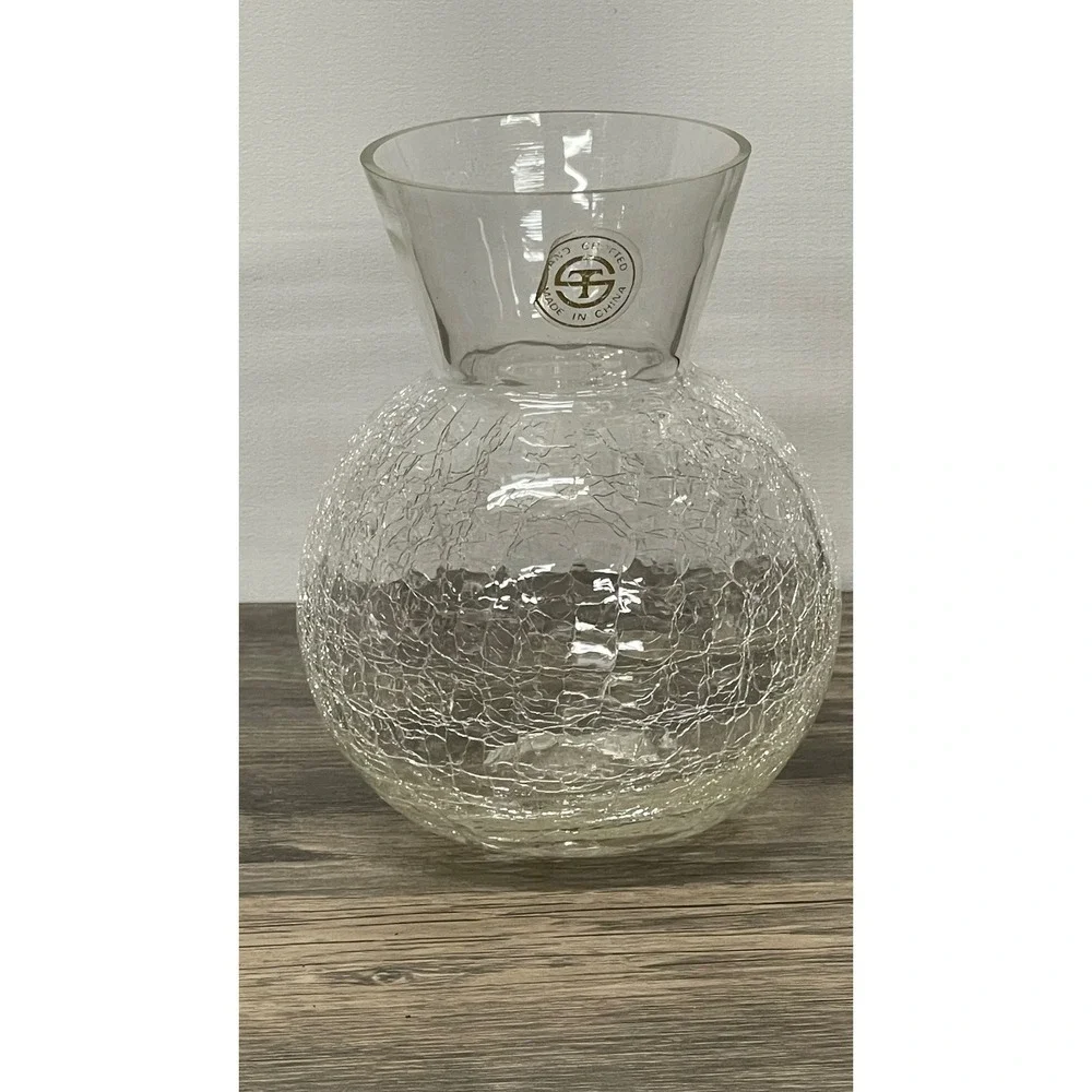 Hand Crafted Clear Crackle Art Glass Vase Round‎ Bulbous Flared Rim 4.5